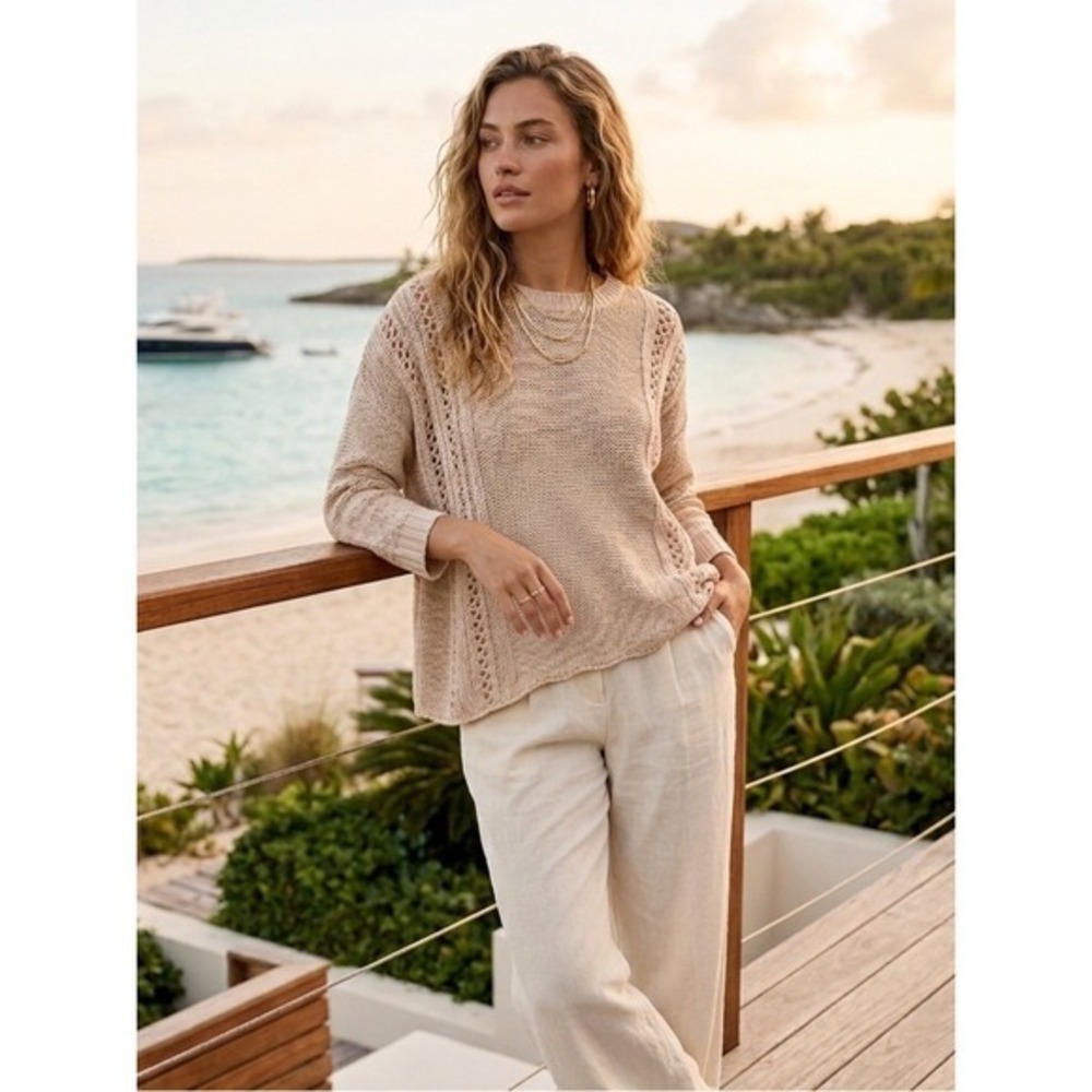 Vintage Havana NWT Beige Cotton Blend Open Crochet Knit Oversized Sweater Small